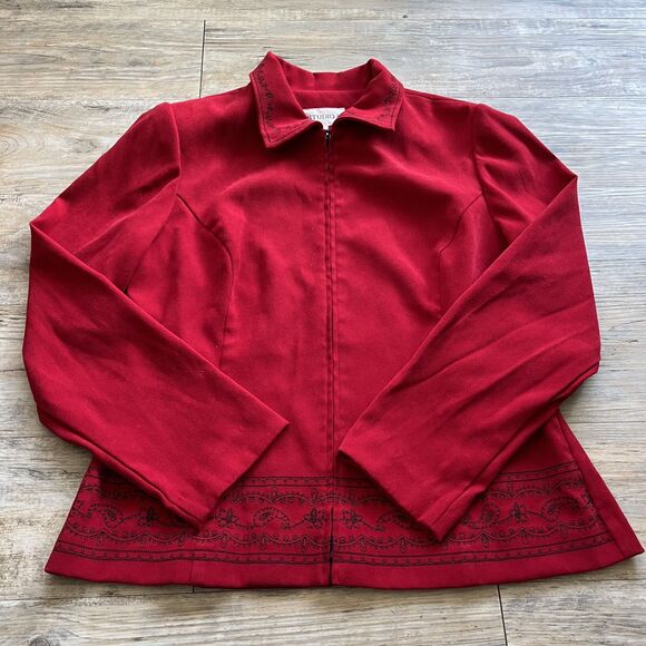 Vintage Red Jacket Large Black Embroidery Goth Vampire 90s Whimsygoth Studio I - Picture 1 of 10